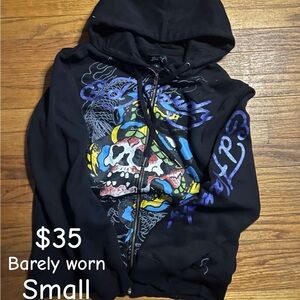 Ed Hardy Black Zip-Up Sweater with Vibrant Skull Art
